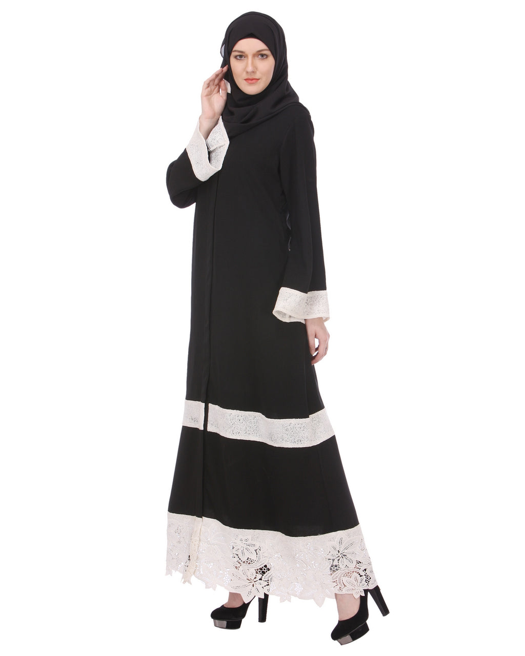 Basic Abaya with White Net Trims Black