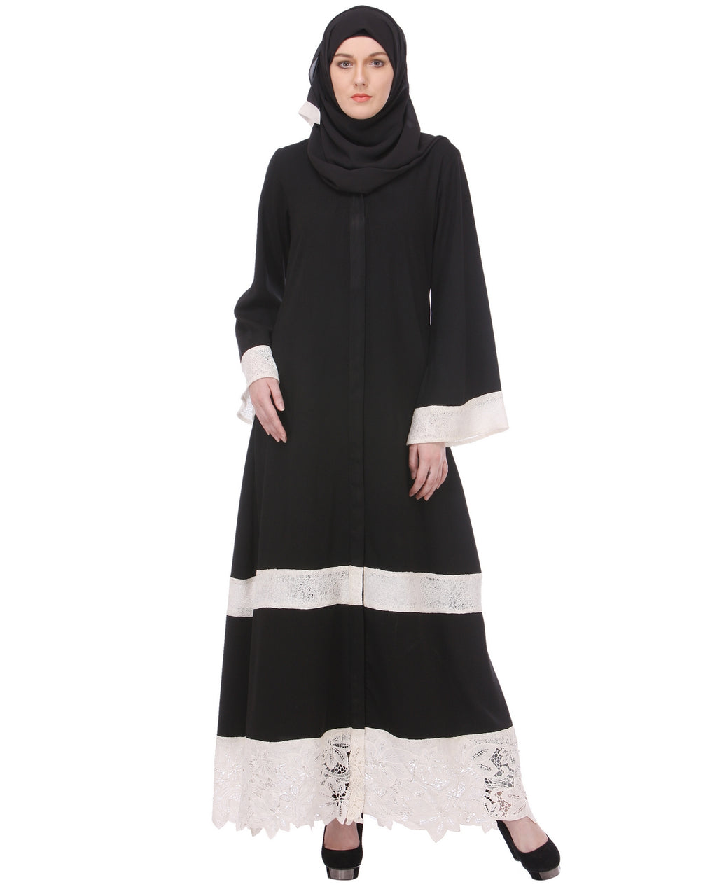 Basic Abaya with White Net Trims Black