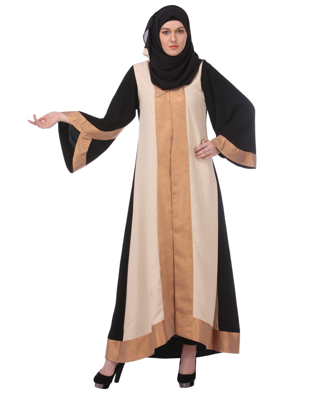 Shimmer panelled Casual Abaya Beige & Black