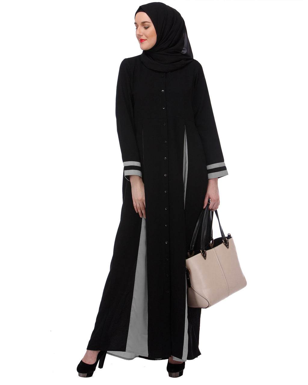 Slit panelled Black & Grey Abaya Black & Grey