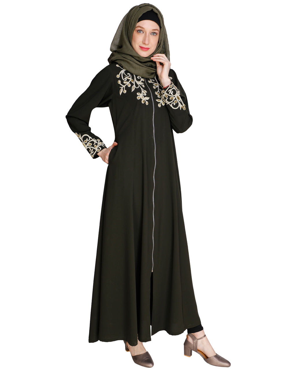 Feather Shot Abaya Dark Olive
