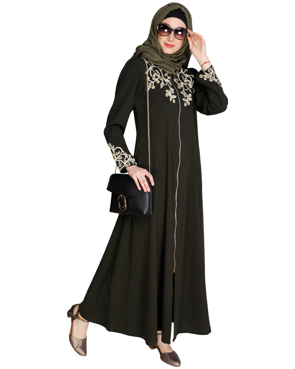 Feather Shot Abaya Dark Olive