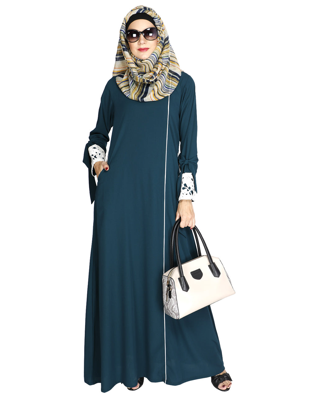 Lace & Bow Detailed Abaya Bottle Green