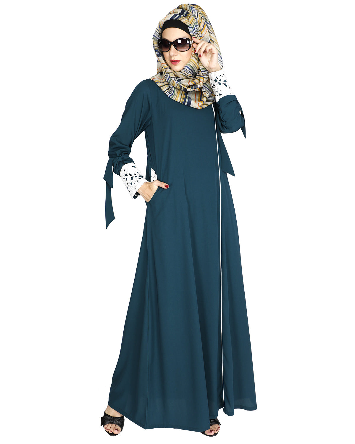 Lace & Bow Detailed Abaya Bottle Green