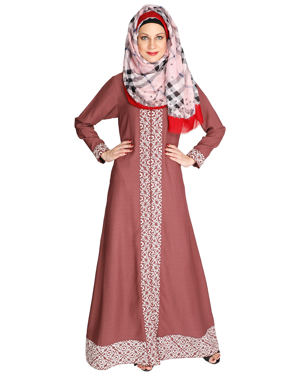 Mushroom embroidered Abaya Onion Pink