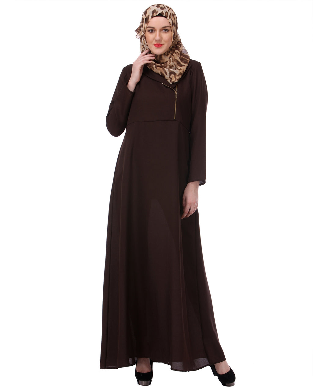 Zipped Brown Formal wear Abaya Brown