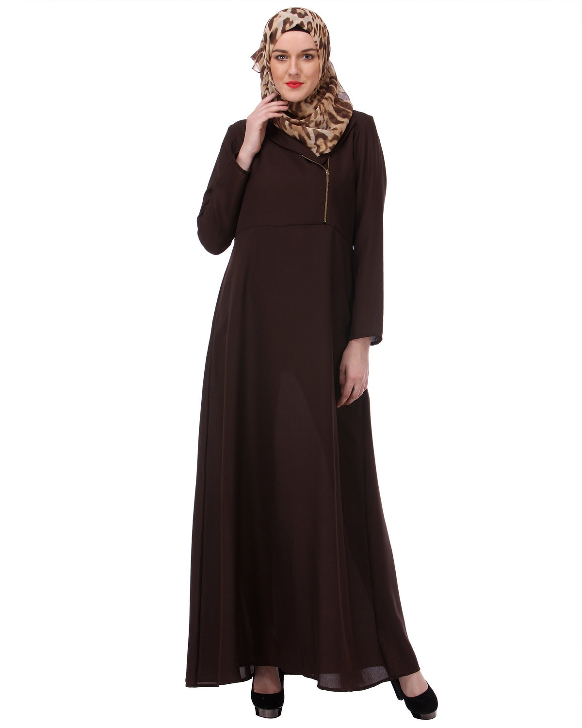 Zipped Brown Formal wear Abaya Brown
