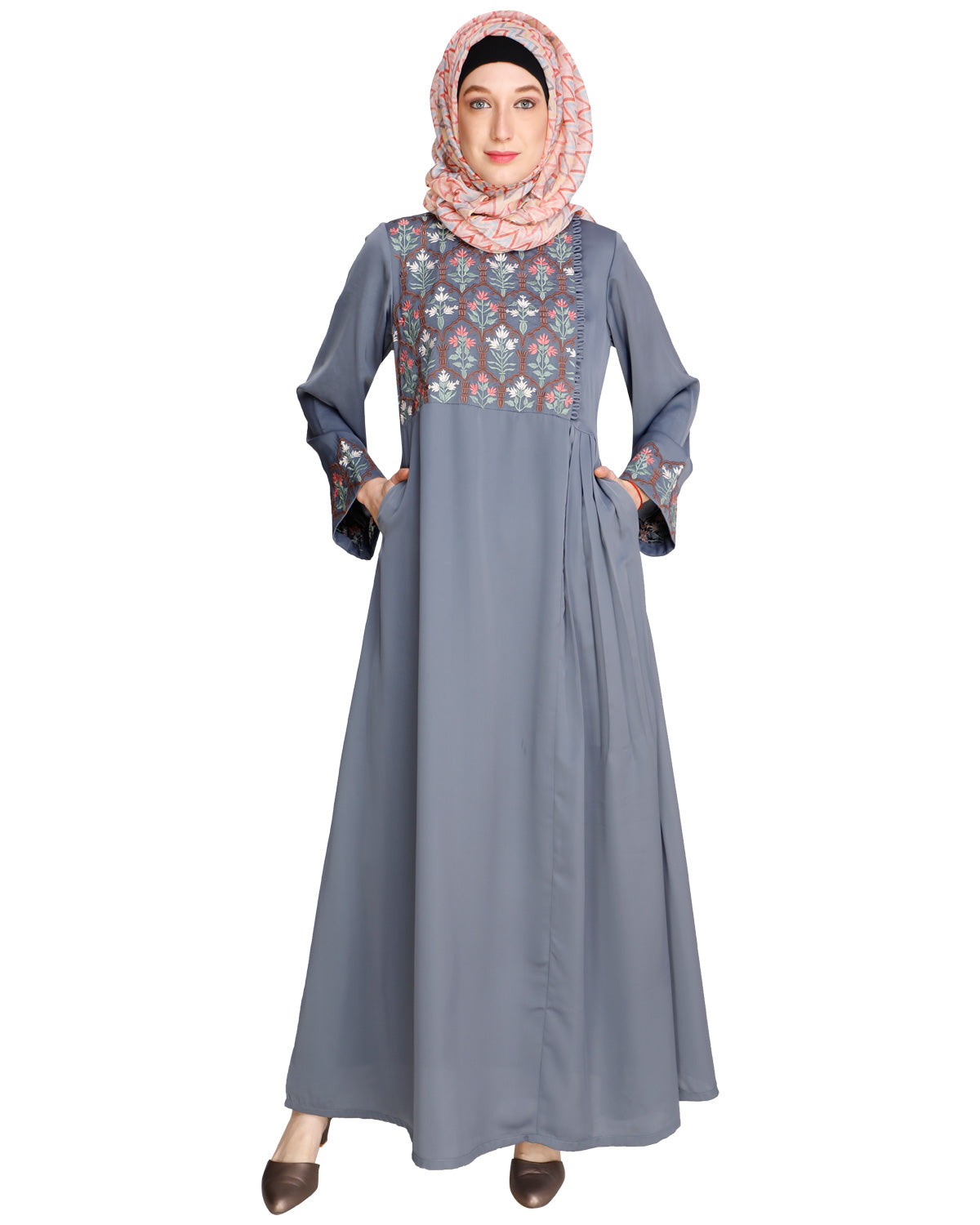 Majorelle Floral Pleated Abaya Blue