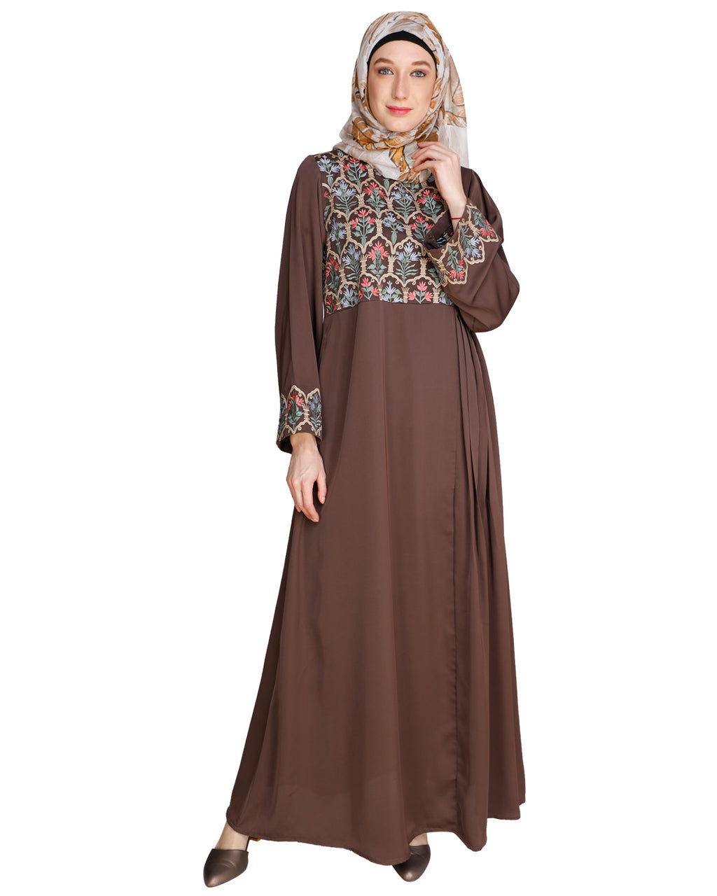 Majorelle Floral Pleated Abaya Oak Brown