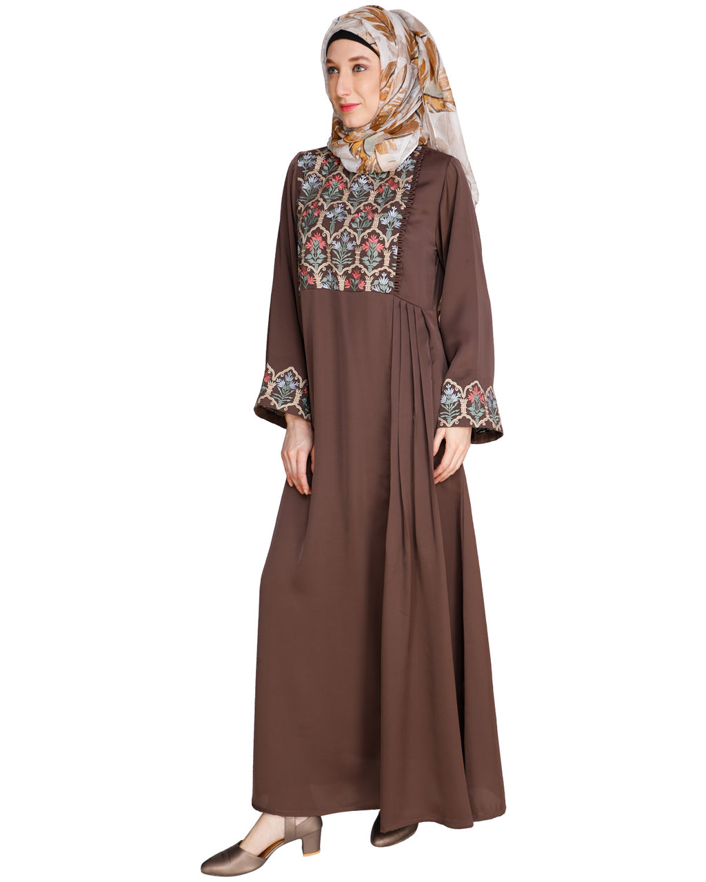 Majorelle Floral Pleated Abaya Oak Brown