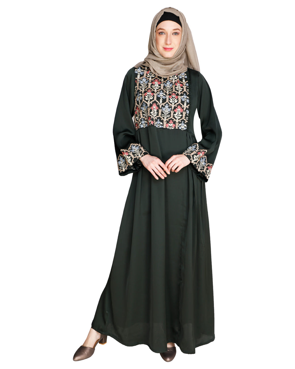 Majorelle Floral Pleated Abaya OLIVE GREEN