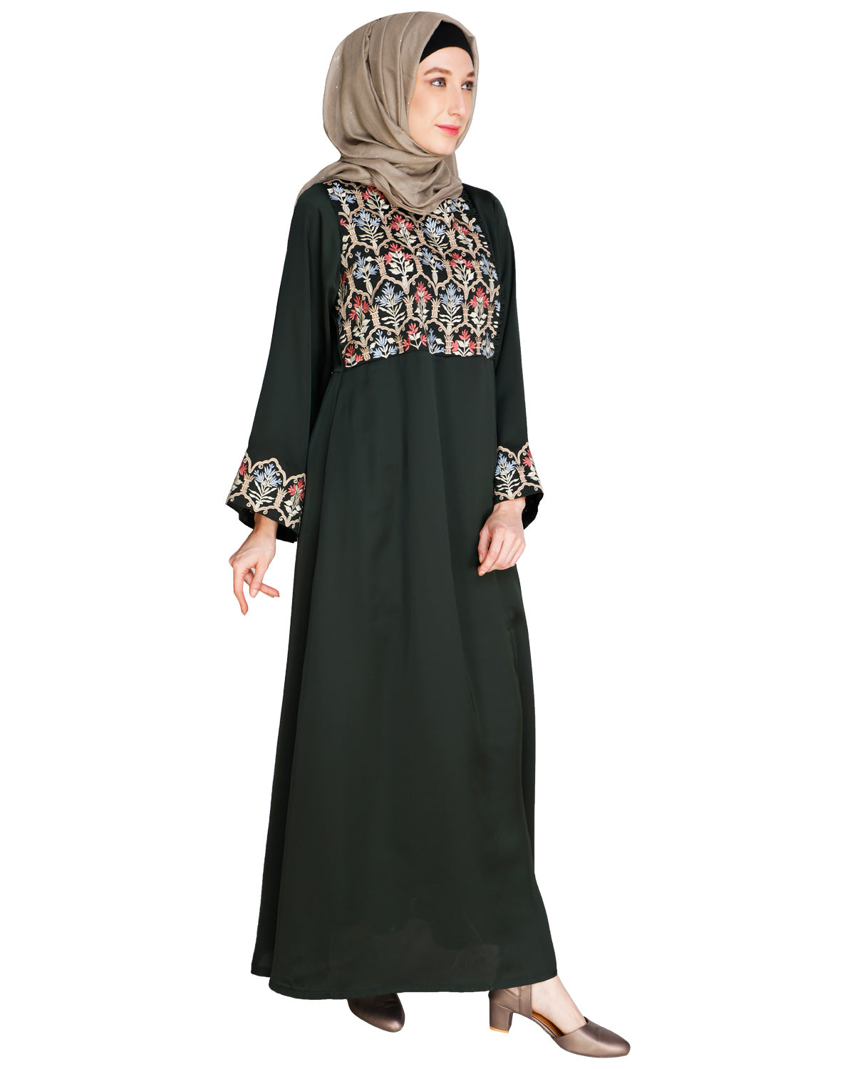 Majorelle Floral Pleated Abaya OLIVE GREEN