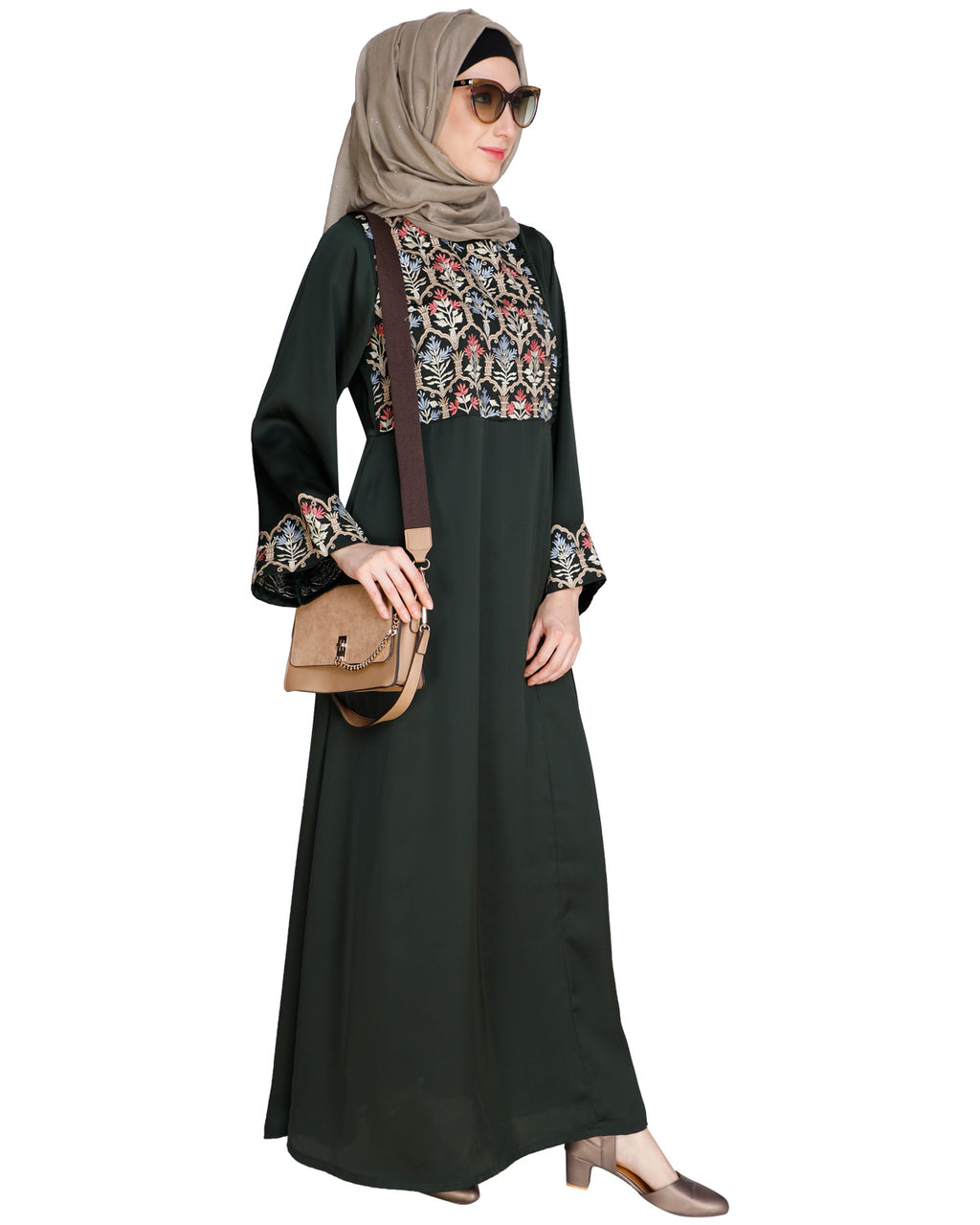 Majorelle Floral Pleated Abaya OLIVE GREEN