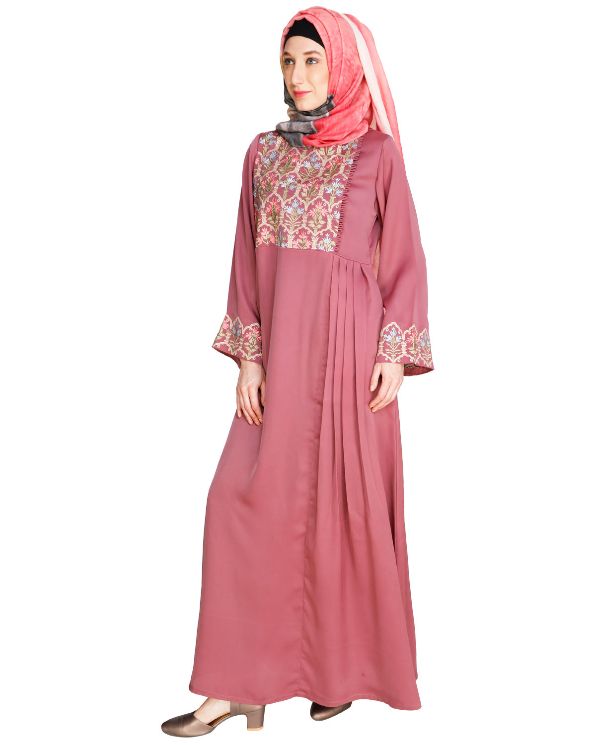 Majorelle Floral Pleated Abaya Onion Pink
