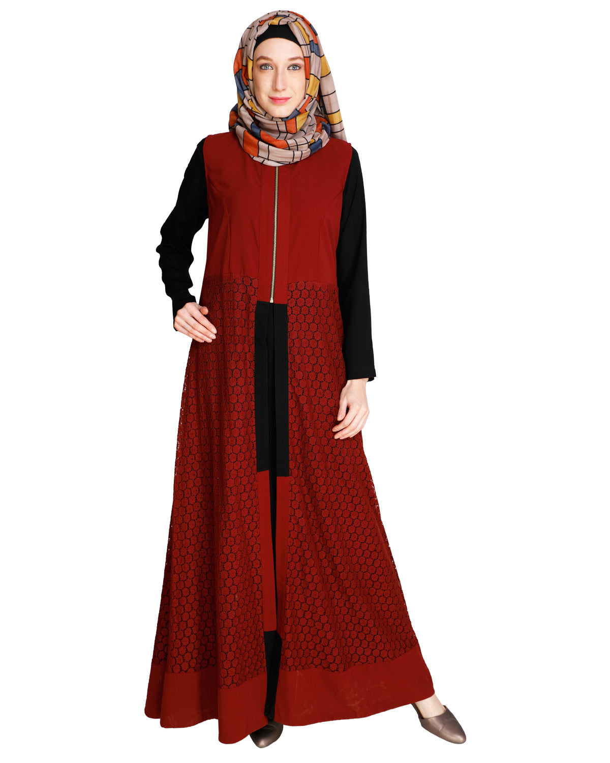 Lace Jacket Abaya Maroon