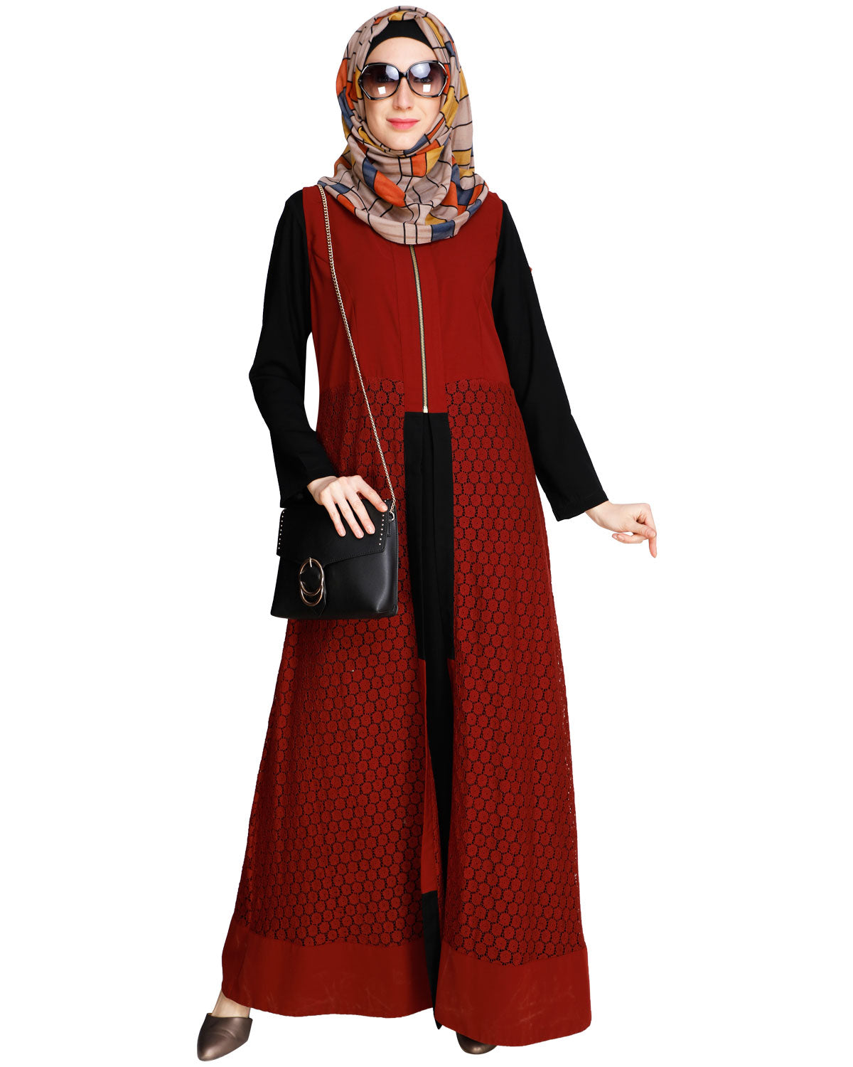 Lace Jacket Abaya Maroon