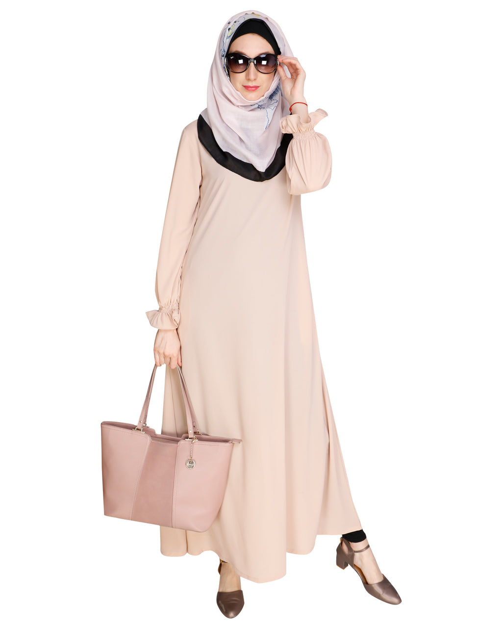 Gathered Sleeves Abaya Beige
