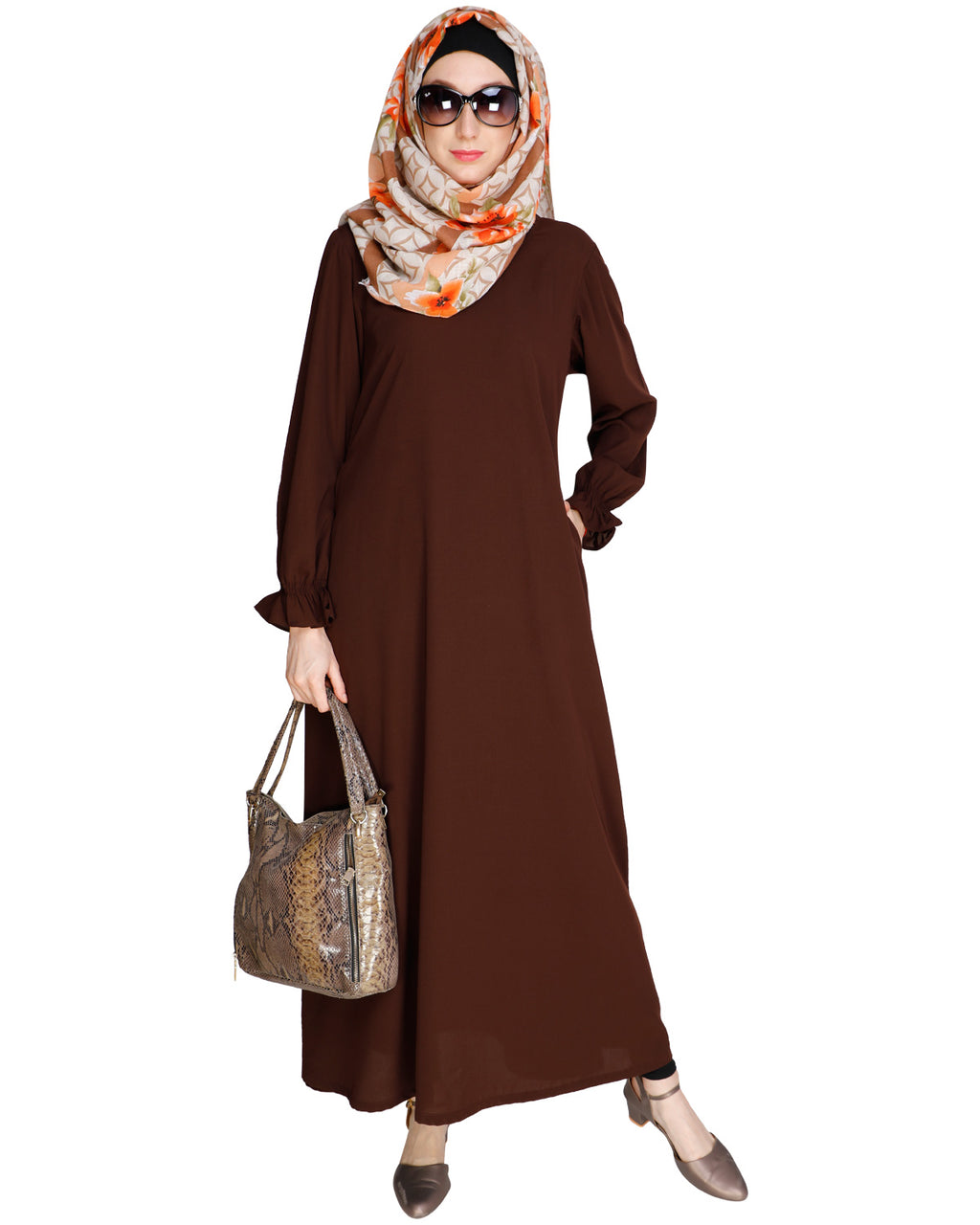 Gathered Sleeves Abaya Brown