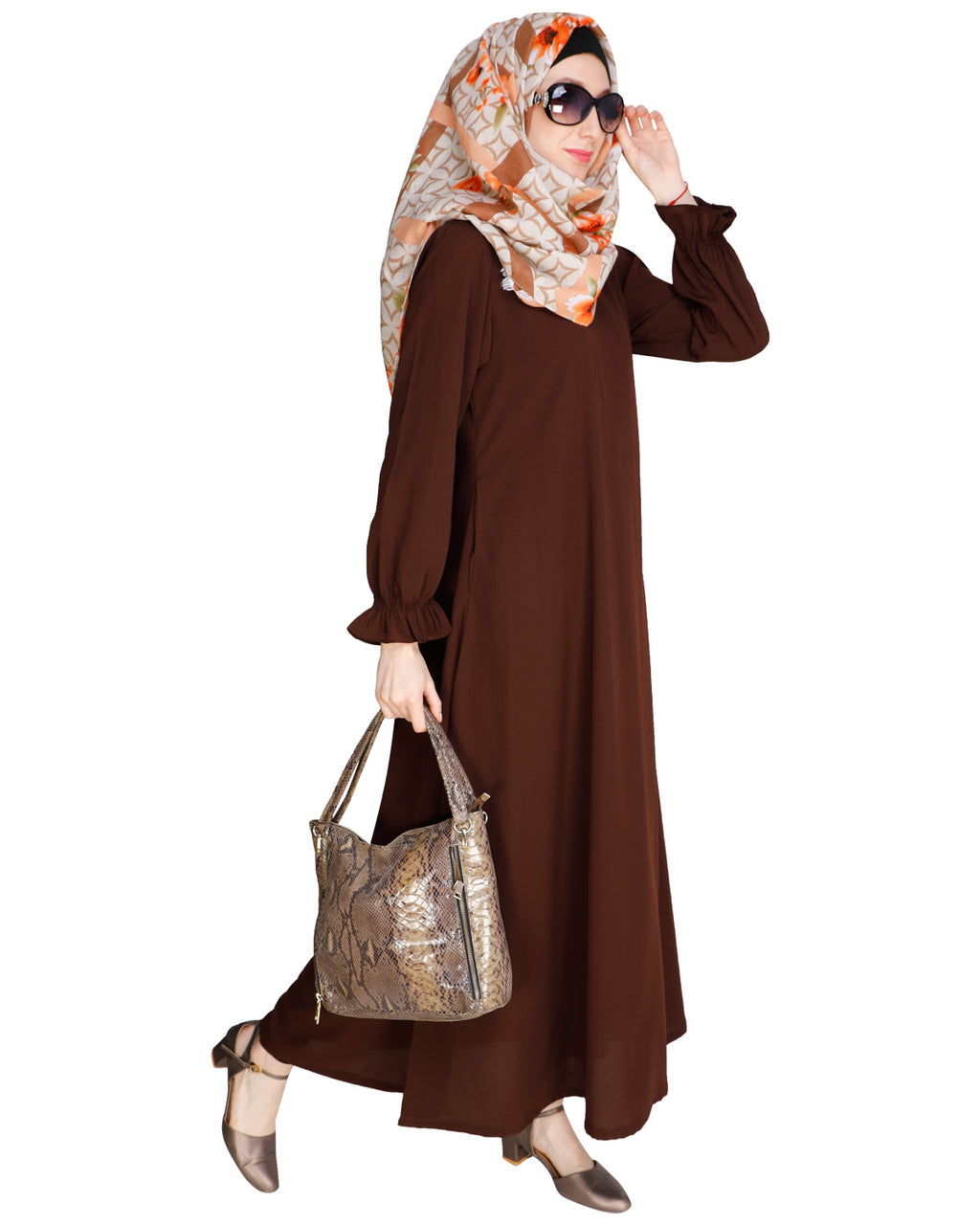 Gathered Sleeves Abaya Brown