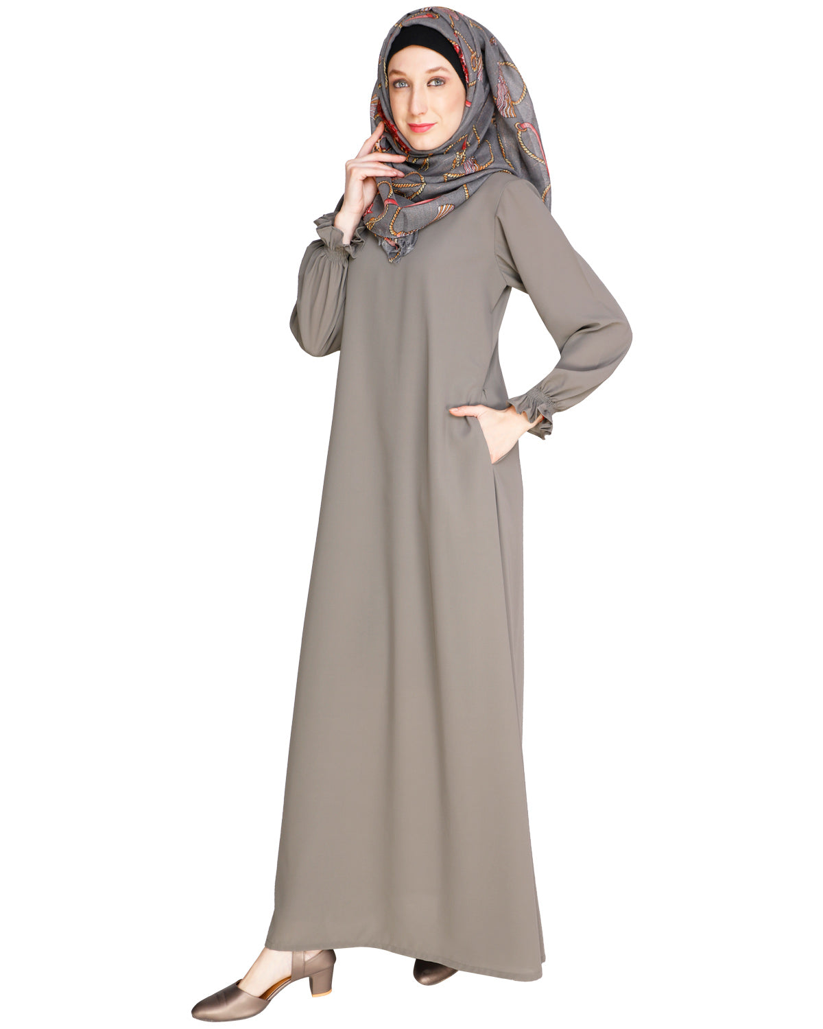 Gathered Sleeves Abaya Brown