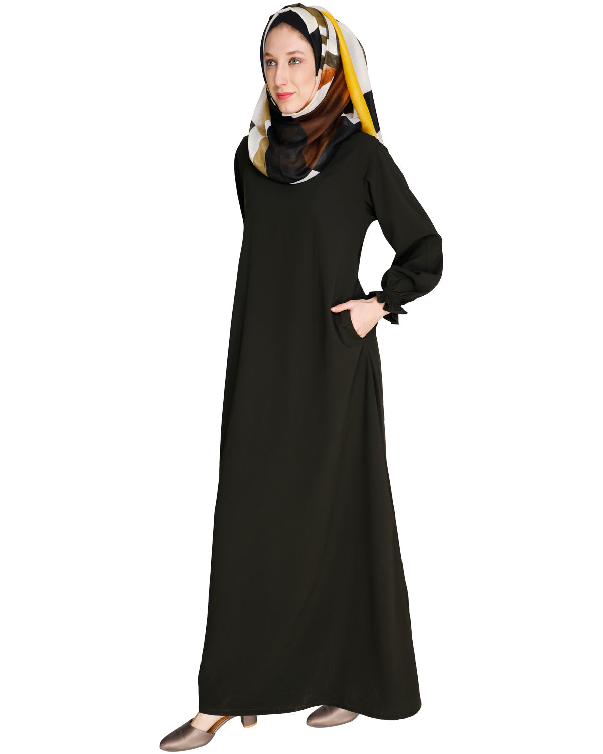 Gathered Sleeves Abaya Grey
