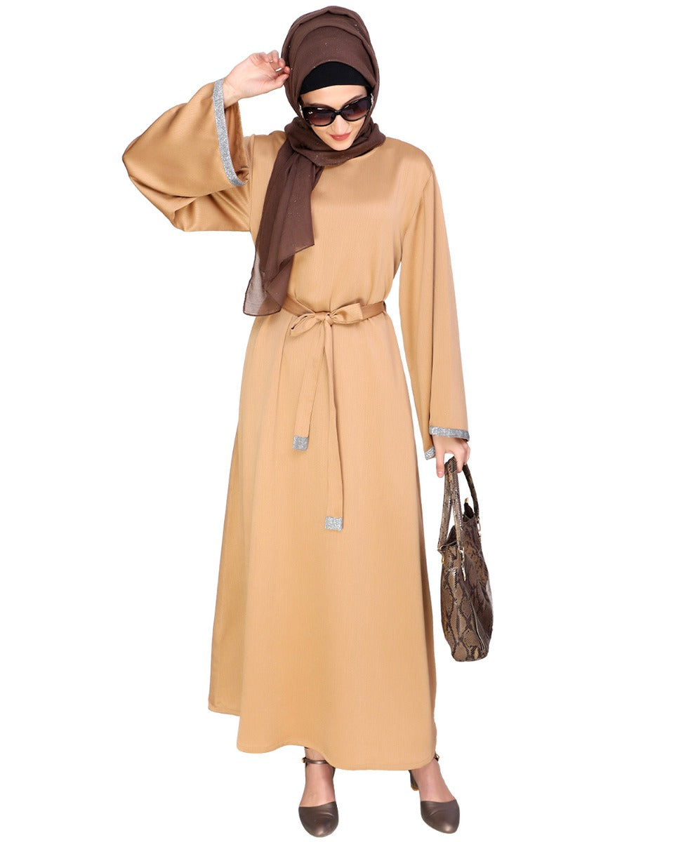 Shimmer Trimmed Dubai Style Abaya Beige