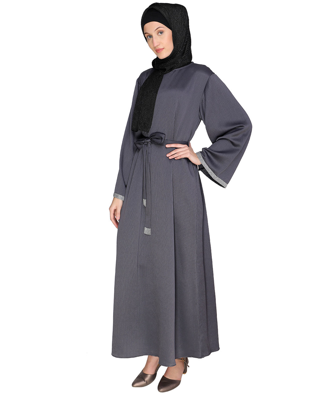 Shimmer Trimmed Dubai Style Abaya Grey