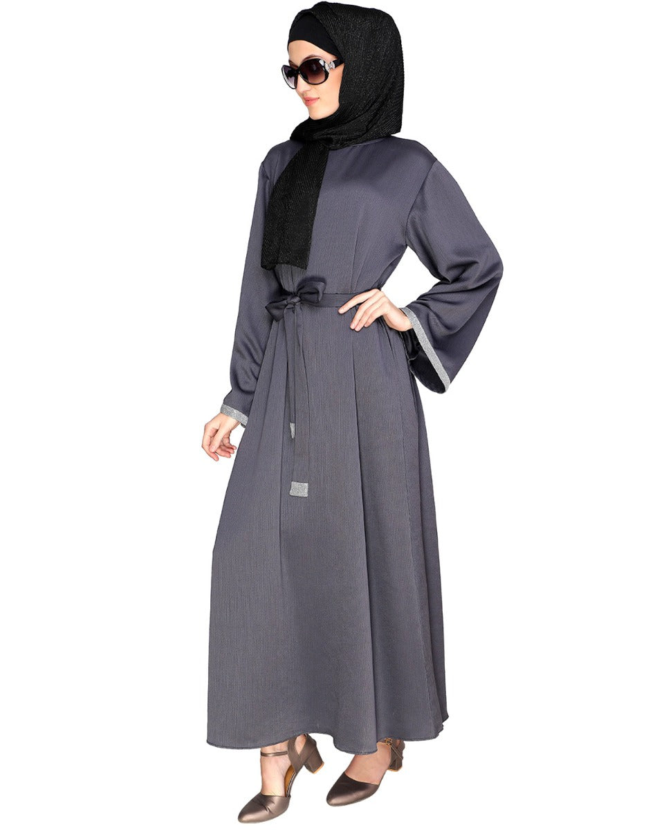 Shimmer Trimmed Dubai Style Abaya Grey