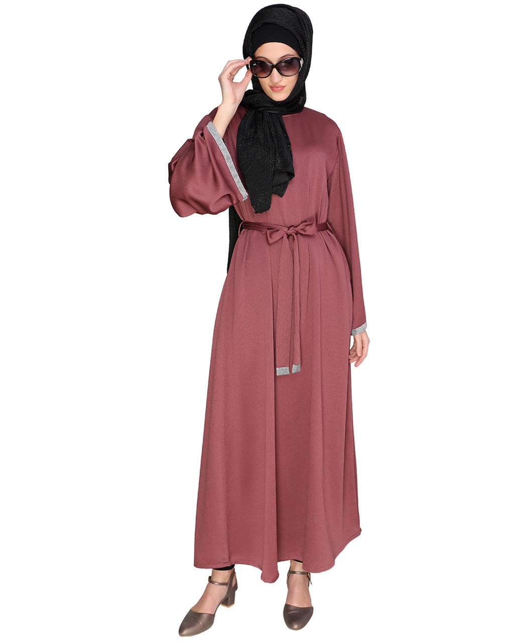 Shimmer Trimmed Dubai Style Abaya Pink