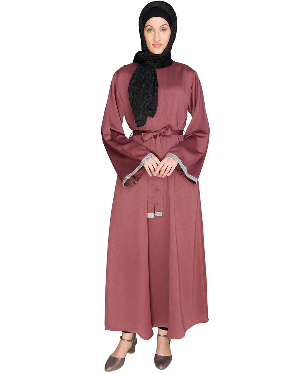 Shimmer Trimmed Dubai Style Abaya Pink