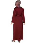 Shimmer Trimmed Dubai Style Abaya Wine