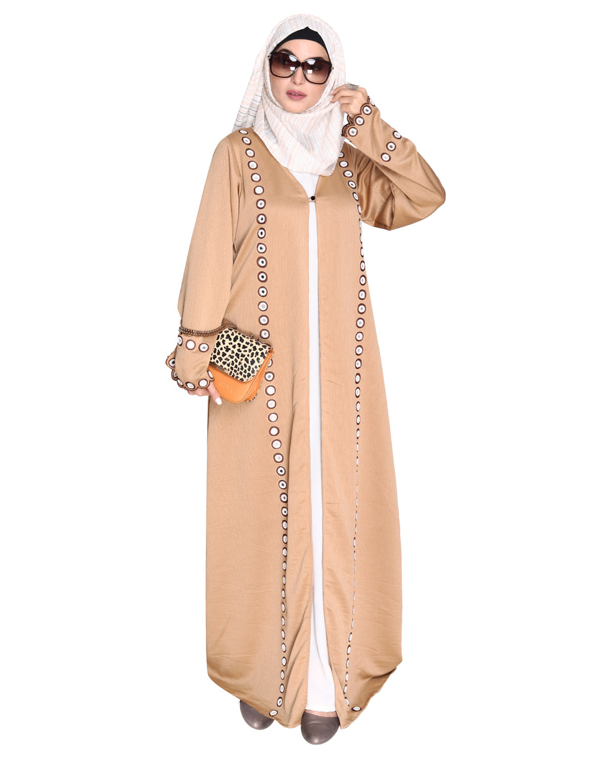 Jacket Style Abaya with Exquisite Mirror Work Beige