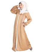 Jacket Style Abaya with Exquisite Mirror Work Beige