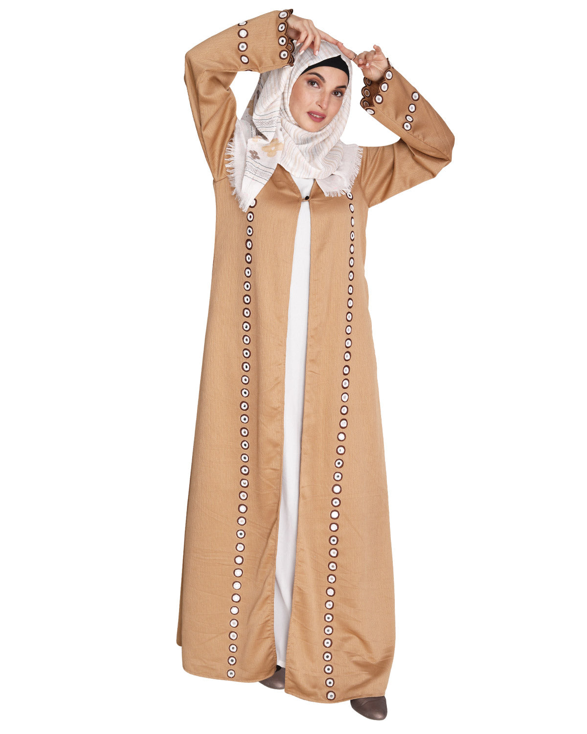 Jacket Style Abaya with Exquisite Mirror Work Beige