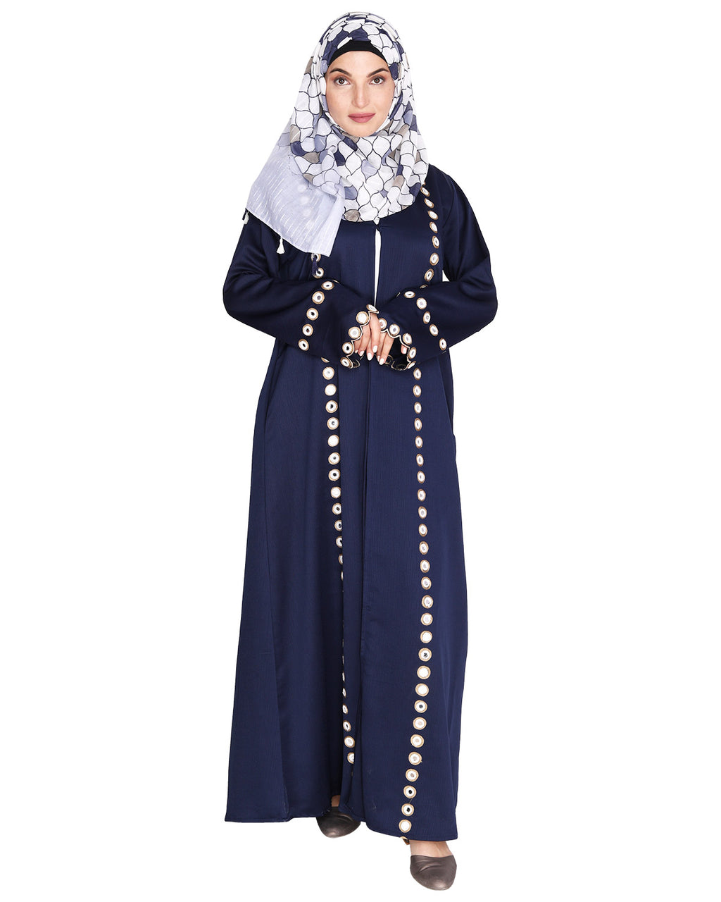 Jacket Style Abaya with Exquisite Mirror Work Blue