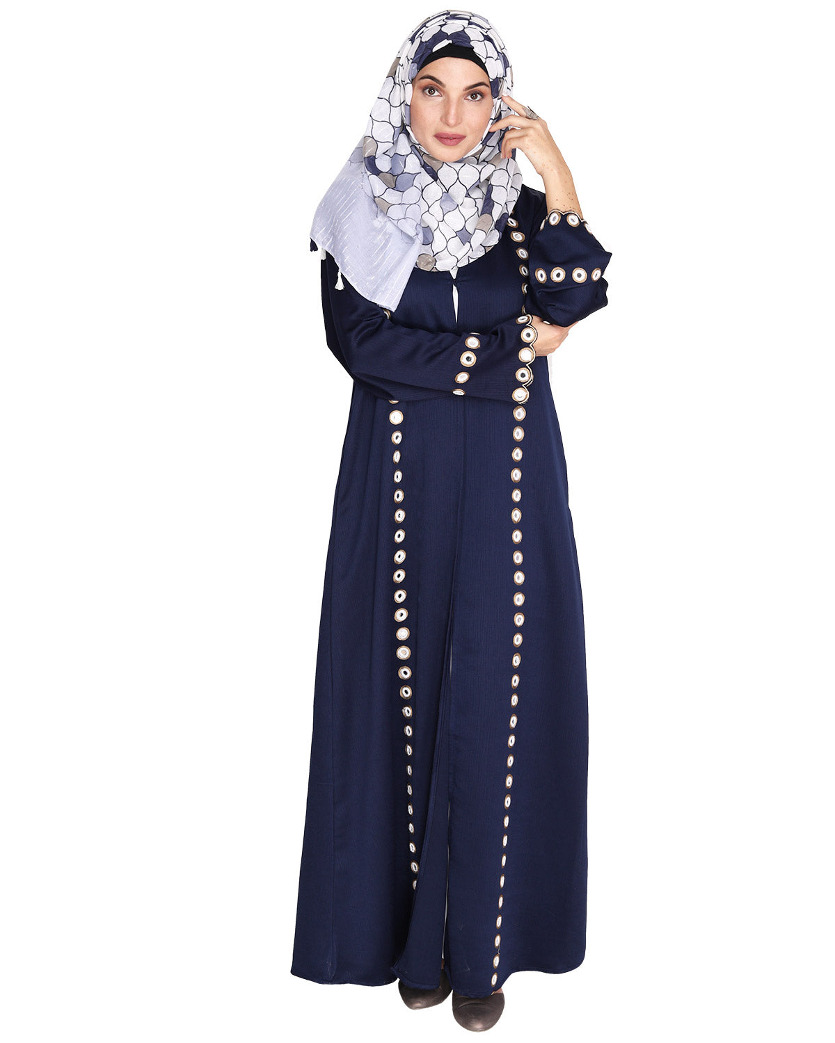 Jacket Style Abaya with Exquisite Mirror Work Blue