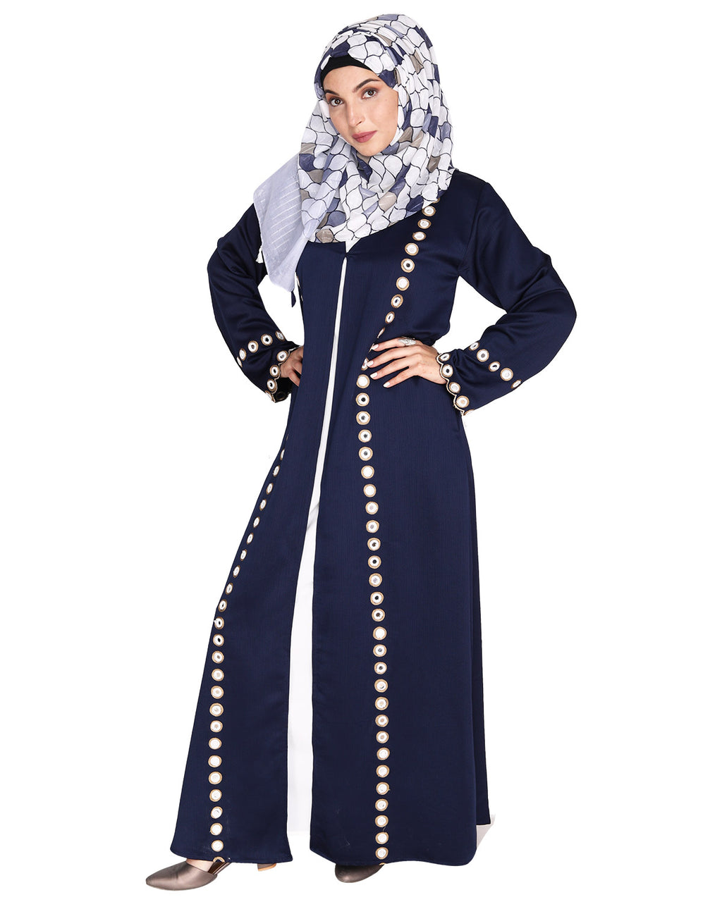 Jacket Style Abaya with Exquisite Mirror Work Blue