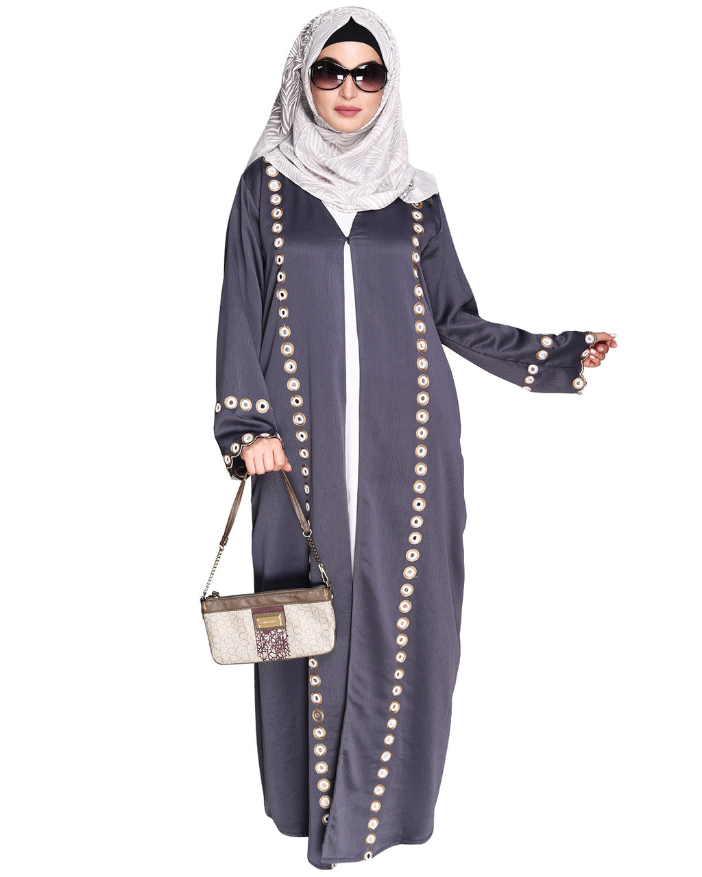 Jacket Style Abaya with Exquisite Mirror Work Grey