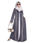 Jacket Style Abaya with Exquisite Mirror Work Grey