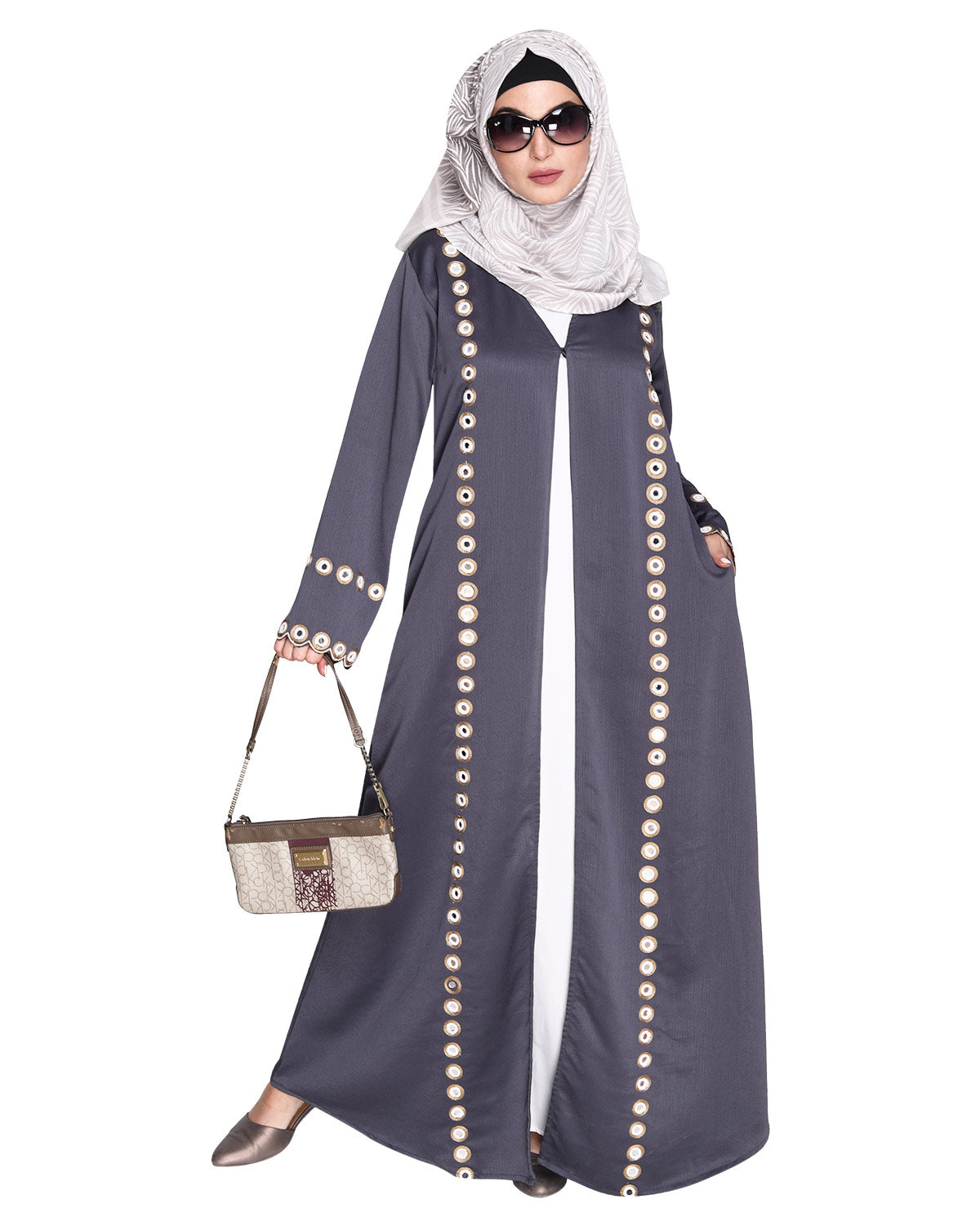 Jacket Style Abaya with Exquisite Mirror Work Grey