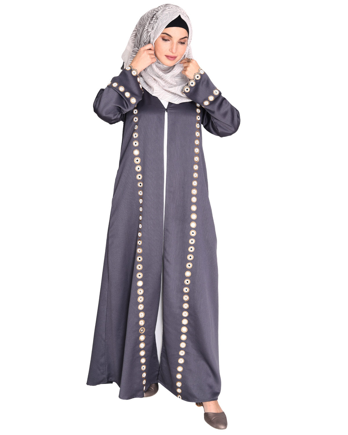 Jacket Style Abaya with Exquisite Mirror Work Grey