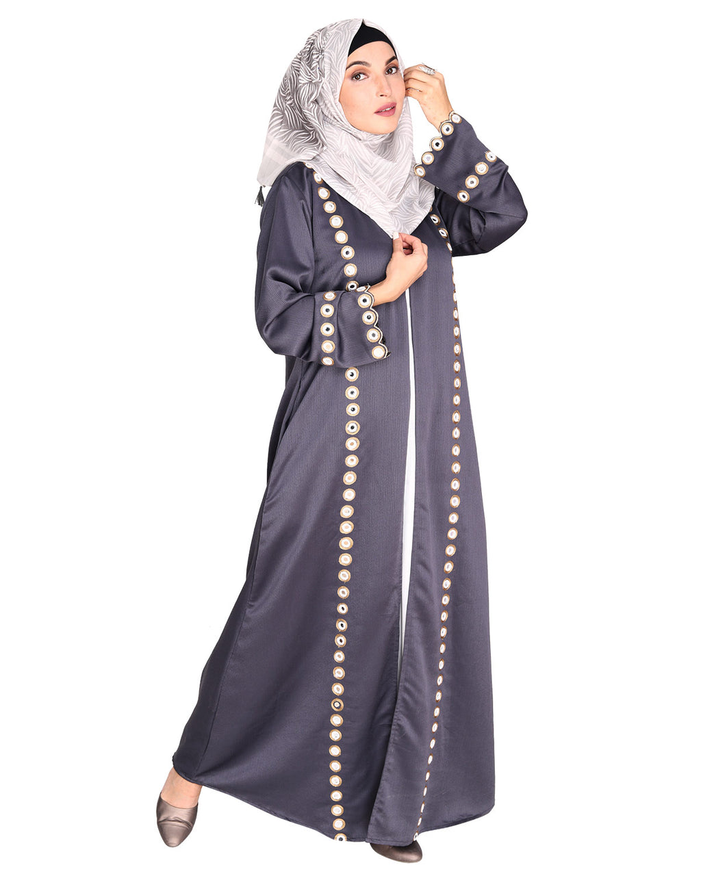 Jacket Style Abaya with Exquisite Mirror Work Grey