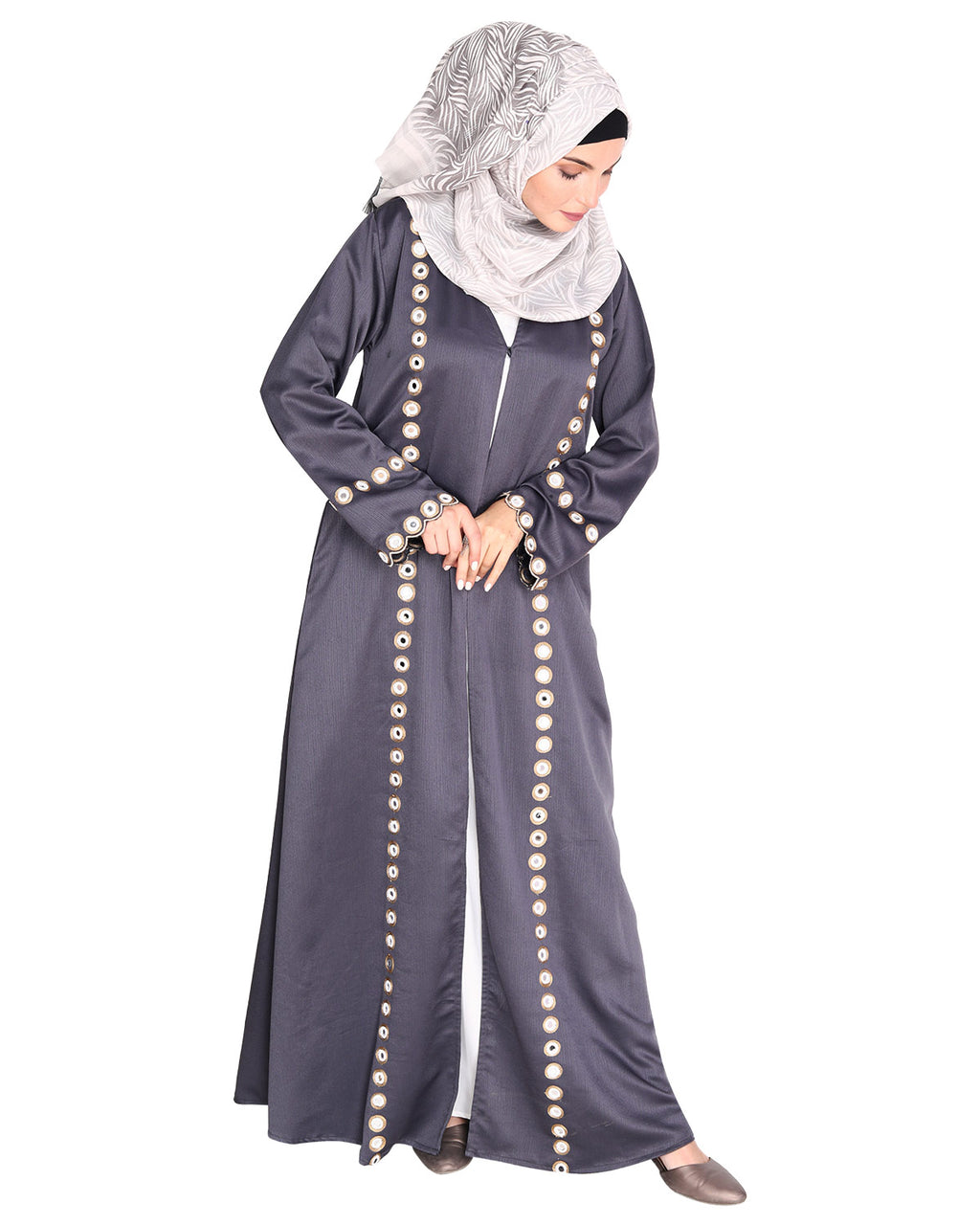 Jacket Style Abaya with Exquisite Mirror Work Grey