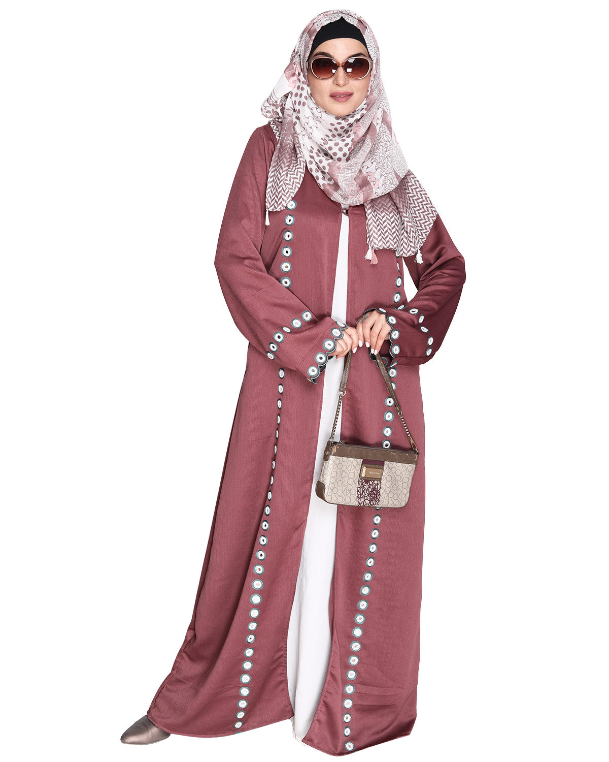 Jacket Style Abaya with Exquisite Mirror Work Light Purple