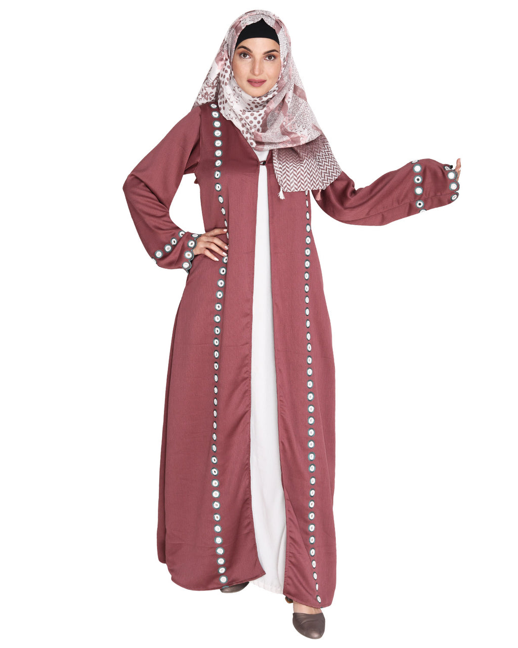 Jacket Style Abaya with Exquisite Mirror Work Light Purple