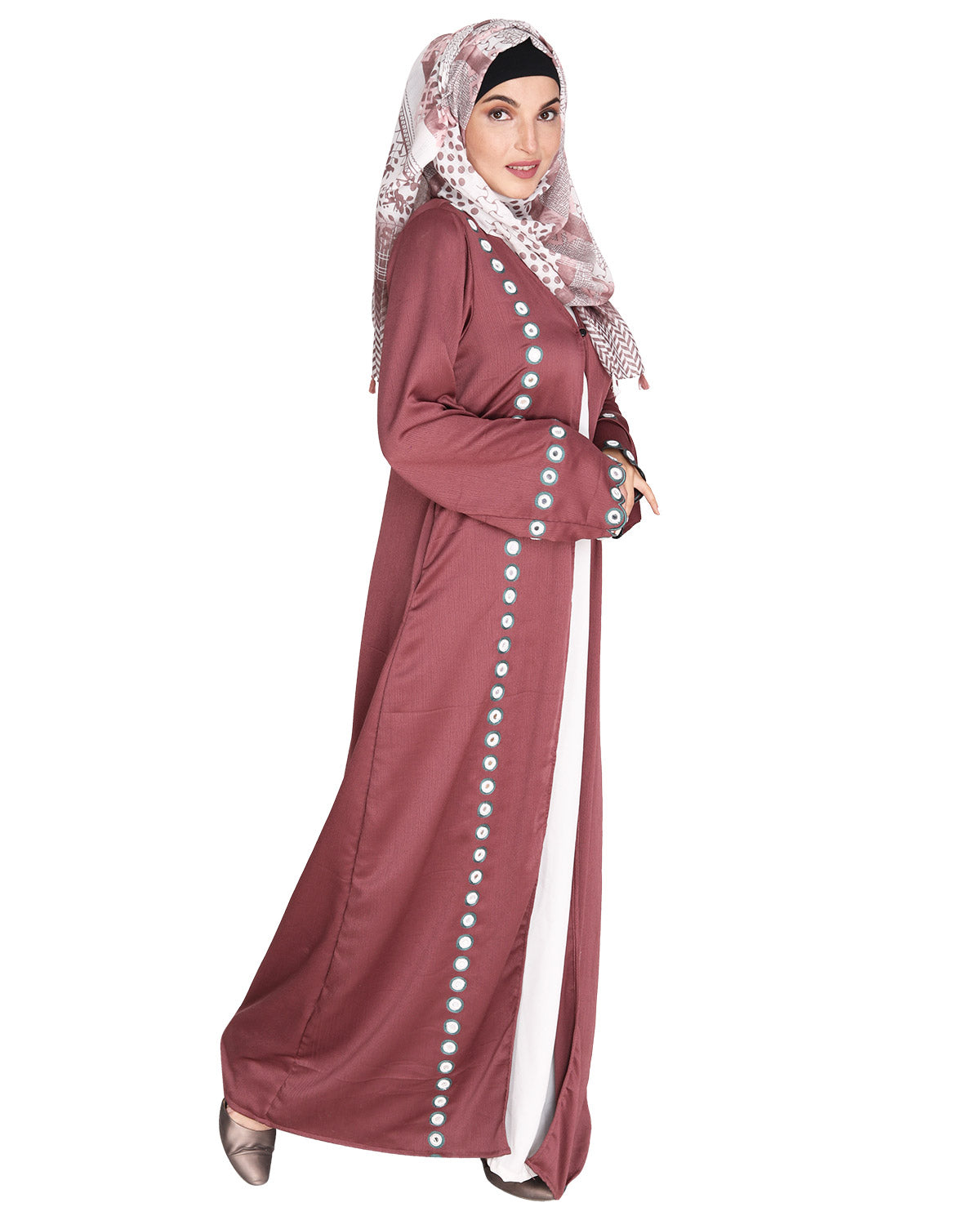 Jacket Style Abaya with Exquisite Mirror Work Light Purple