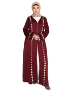 Jacket Style Abaya with Exquisite Mirror Work Wine
