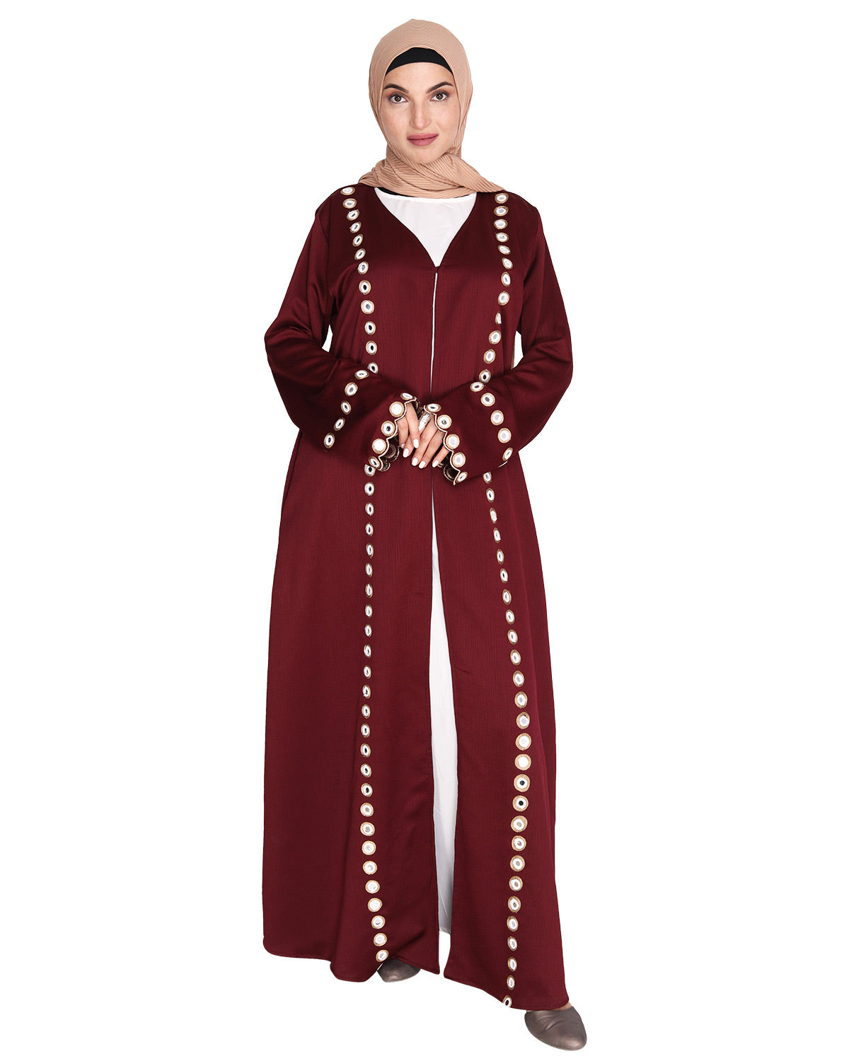 Jacket Style Abaya with Exquisite Mirror Work Wine