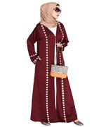 Jacket Style Abaya with Exquisite Mirror Work Wine