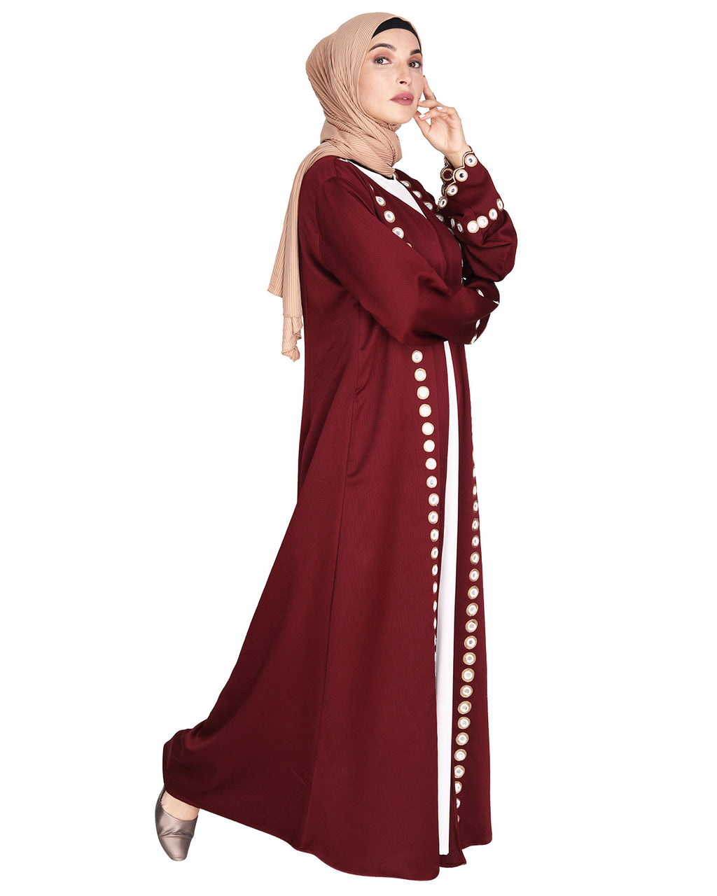 Jacket Style Abaya with Exquisite Mirror Work Wine